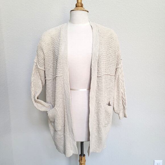 FOR THEE Cardigan Sweater Womens XS Cable Knit  Open Front Pockets Oversized - Picture 1 of 9